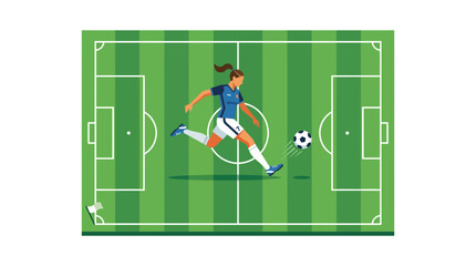 Female soccer player kicking ball on green field, top view, illustration © EKA