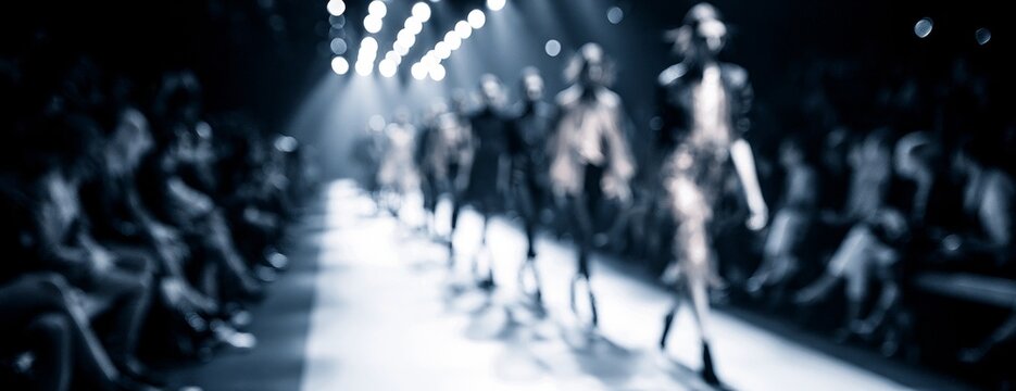 Blurred fashion runway show with models walking down the catwalk  