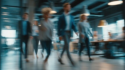 Fototapeta premium Business people walking in modern office blurred motion