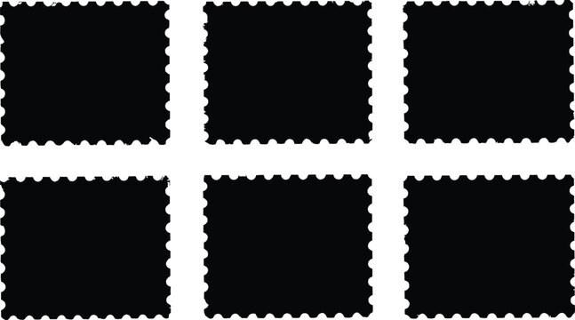 Collection of six blank black postage stamp frames with elements rectangle silhouette isolated collection shipping envelope ornament template serrated