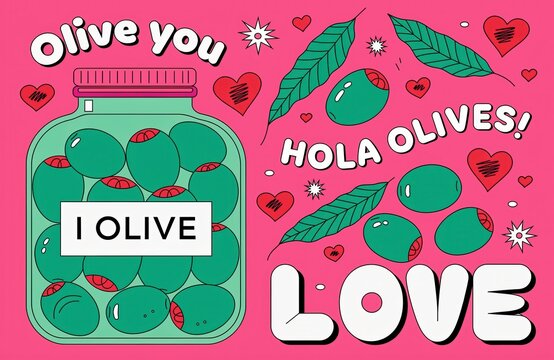 Vibrant Pop Art Illustration with Olive Puns and Hearts on Pink Background for Love and Greeting Card Design