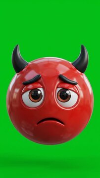 Sad red devil emoji with horns showing a disappointed expression on green screen background. Vertical video