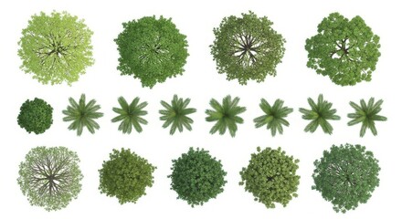 Fototapeta premium Collection of Top View Trees and Palm Trees Isolated on White Background for Architectural Visualization and Landscape Design