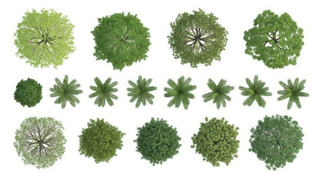 Collection of Top View Trees and Palm Trees Isolated on White Background for Architectural Visualization and Landscape Design