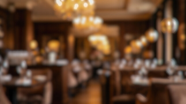 Blurred luxury restaurant interior background empty set tables dark wood warm glowing sphere lights elegant dining room romantic dinner catering hospitality design template
