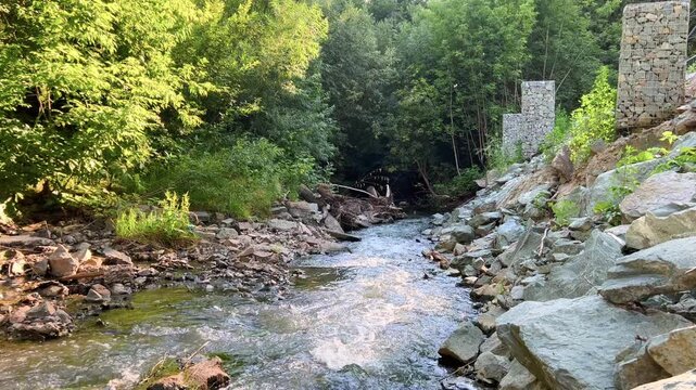 Rocky mountain river flowing through forest near stone pillar structure
