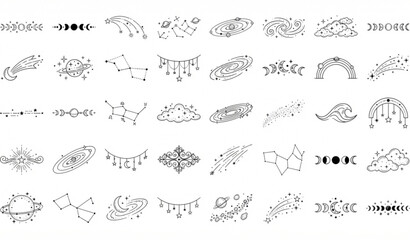 Celestial Doodle Border Vector Set with Falling Stars Moon Planets Meteorites and Magical Space Dividers © Mst