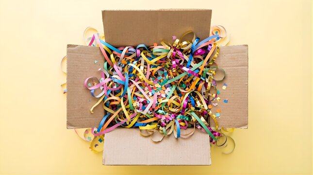 Open cardboard box filled with colorful party streamers and confetti