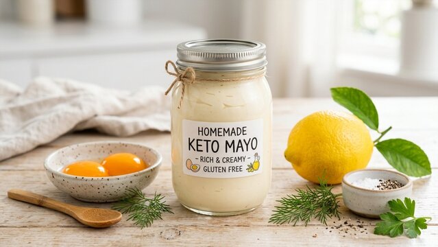 Homemade keto mayonnaise jar on wooden table with egg yolks lemon and herbs in kitchen