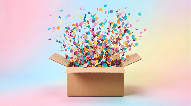 Open cardboard box with colorful party confetti exploding on gradient