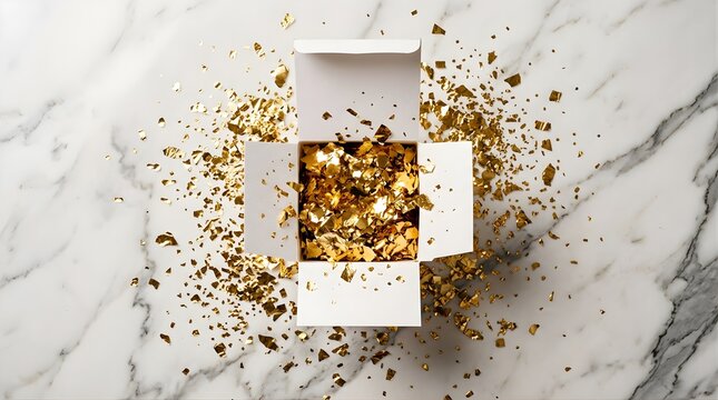 Open white gift box overflowing with sparkling gold confetti on marble