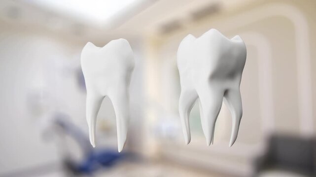 3D animation Turning of Whitening Teeth with section teeth isolate on dental room. dental concept idea.