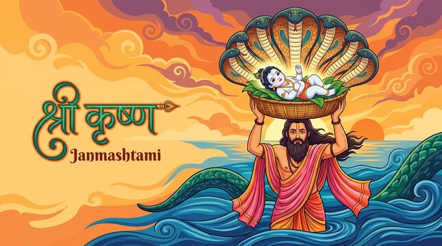 concept of Shri krishna janmashtami, day of lord krishna birthday where he born and his father vasudev take him his head and cross river at late night with lots of rain and sheshnaag safe lord krishna