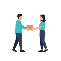 Obraz premium Vector illustration depicting two people passing a cardboard moving box while relocating to a new home, featuring flat design style isolated on white background for web and print.