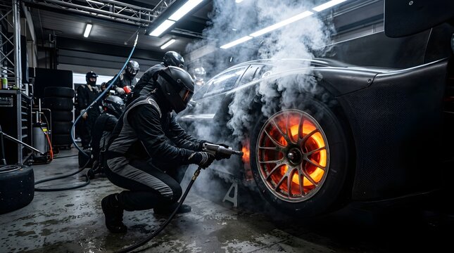 Pit crew changing racing car tires in a garage with glowing hot brakes