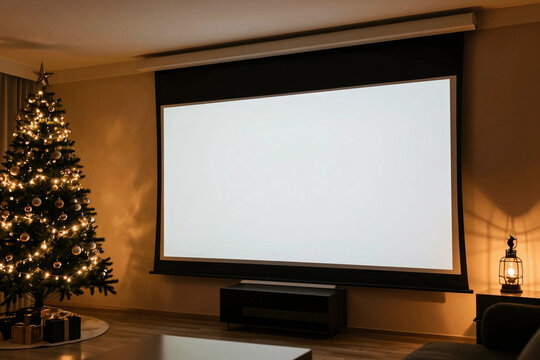 Festive Living Room Cinema Experience with Decorated Christmas Tree and Projection Screen