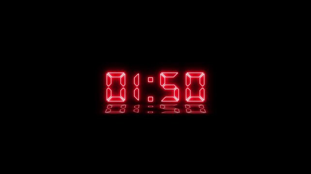 Abstract neon LED timer for 2 minutes countdown with reflection count animation on a black screen. Neon red digital number clock with reflection.