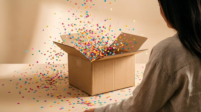 Woman opening cardboard box with colorful confetti explosion for celebration