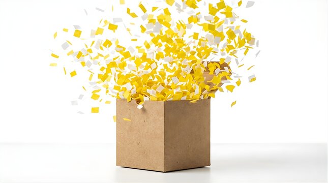 Yellow and white confetti exploding from a brown cardboard gift box