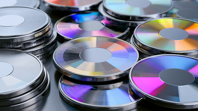 Stacks of compact discs reflecting colorful light spectrum on reflective table surface
