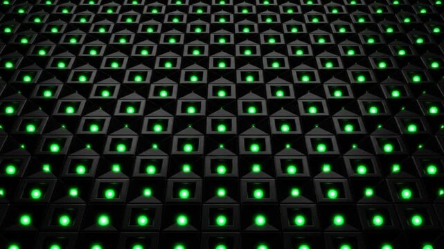 漆黒の空間で青い光の粒子がエメラルド色に発光しノードに固定される抽象的CG映像
