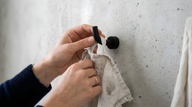 Hand installing a removable adhesive wall hook on a smooth surface. Ideal for home organization, storage solutions, DIY projects, household accessories, and interior organization.