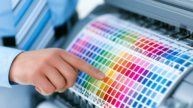 Man points finger at vibrant multi colored ink test print page sheet
