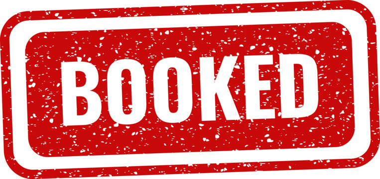 Red rubber stamp icon labelled 'booked' on white background reservation confirmation graphic