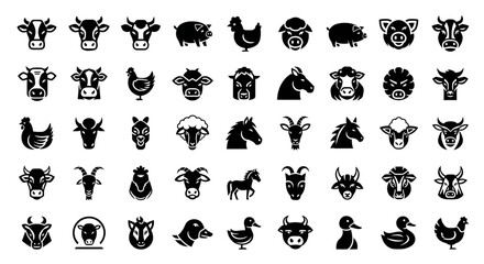 Fototapeta premium Farm Animal Icons Set: Cow, Pig, Chicken, Horse, Sheep, Goat, Duck