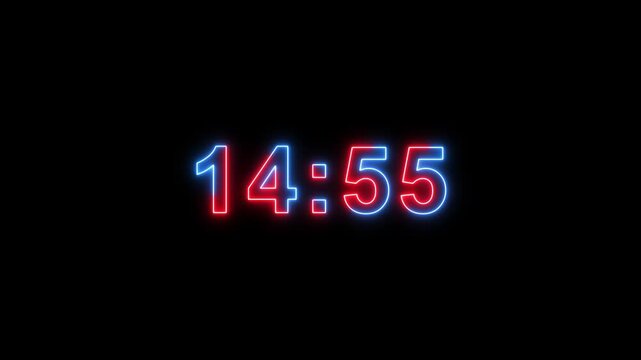 Glowing neon modern countdown timer from 15 minute to 14 minute on black background suitable for presentations, productivity, educational content, and more