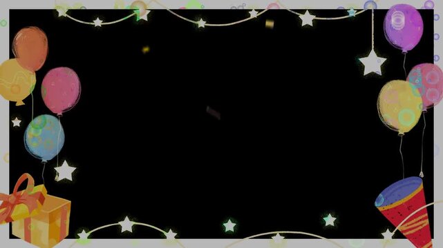 Balloons and gift boxes decorate this festive birthday frame which serves as a colorful border for text.