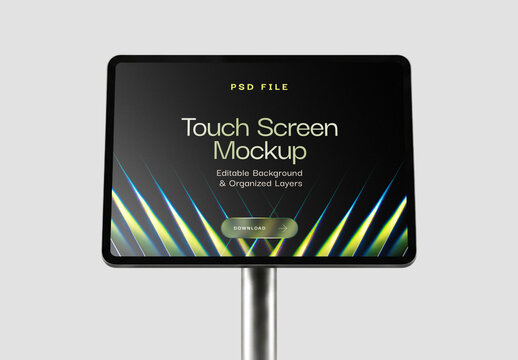 Modern Touch Screen Display Mockup on Metal Stand Pole for Advertising and Digital Signage Presentation