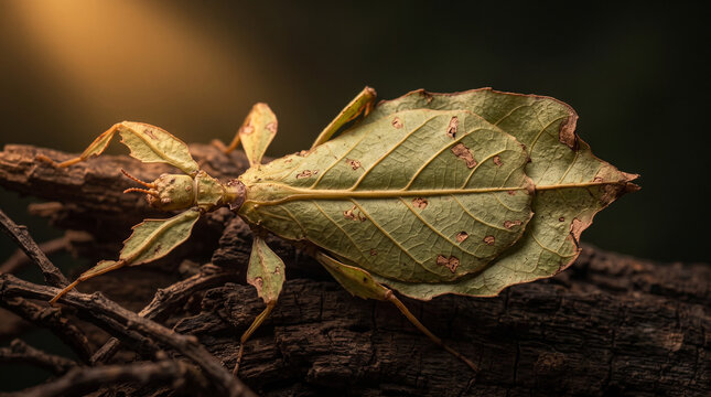 Leaf insect perfectly camouflaged on a wooden branch in nature