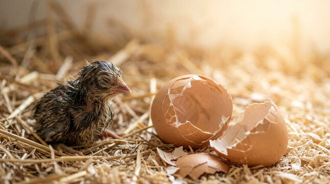 Newly hatched wet chick sitting next to a broken eggshell on straw