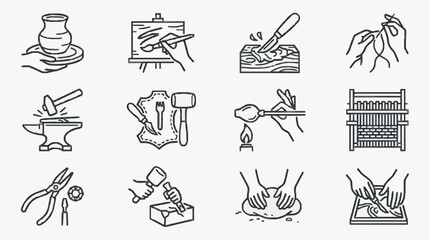 Obraz premium Dynamic Black and White Line Set of 12 Handicraft and Artisan Tools and Activities with high quality professional line art symbols for modern creative design and digital branding projects