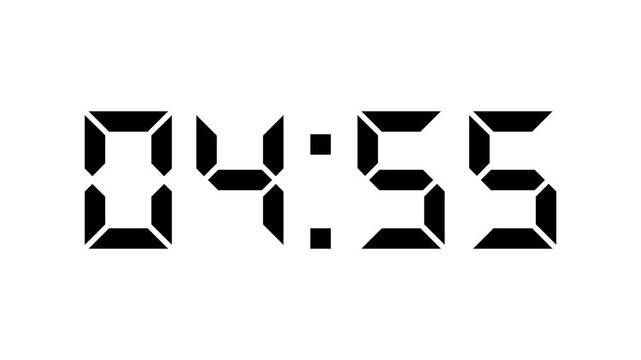 Digital timer animation is a 1-minute countdown from 5 to 4 minutes. 4K video with alpha channel.