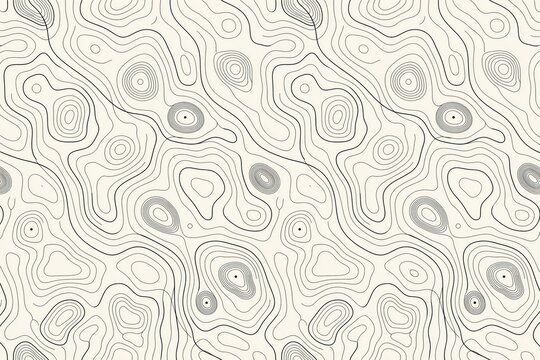 Seamless topographic map pattern featuring flowing wavy contour lines, elevation curves, and terrain mapping symbols in dark brown on a light cream