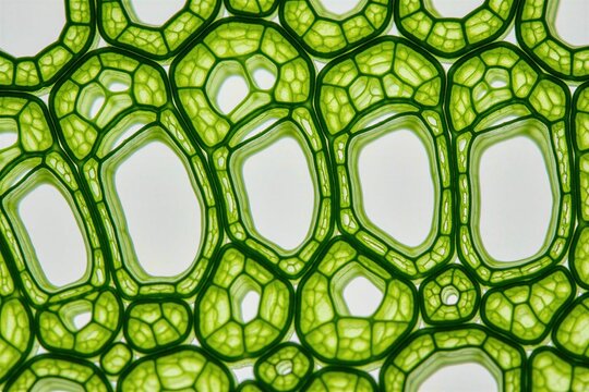 Microscopic view of aquatic plant tissue structure showing aerenchyma cells with gas channels. High magnification cross section complex green plant anatomy, cellular air spaces for underwater