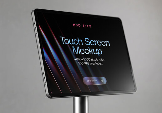 Modern Touch Screen Display Mockup on Metal Stand Pole for Advertising and Digital Signage Presentation