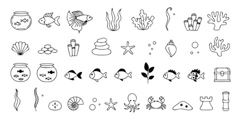 Aquarium and sea life black thin line icons set featuring fish, coral, and underwater elements © Sadhin07