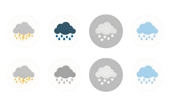 Eight different weather icons show various types of precipitation including rain snow and sleet in a simple and clean design style
