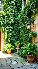Fototapeta premium Green ivy climbs on ancient stone walls in private patio. Potted plants stand on paved courtyard floor with classic metal lamp. Fresh foliage decorates rustic garden area. Sunny summer day provides