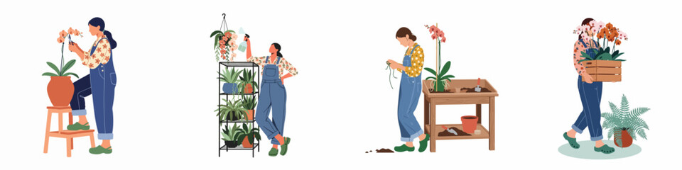Set of illustrations featuring a woman gardener caring for orchids, pruning, watering, potting, and carrying a crate of flowers in a flat design style. © Muqodimatul