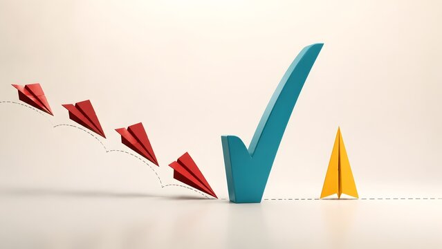 Large teal checkmark blocking crashing red paper airplanes protecting a successful yellow plane in risk management concept