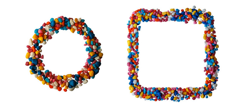 Circular and rounded rectangular frames made of colorful decorative pebbles, isolated as PNG elements on a transparent background.