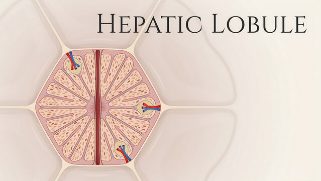 Hepatic lobule liver anatomy structure  microscopic view of liver tissue with blood vessels and sinusoids  educational medical diagram