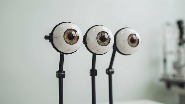 Three fake eyes on adjustable black rods on white surface in front of white wall with blurry background objects