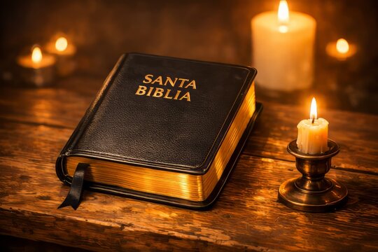 Biblia sobre mesa con luz de vela