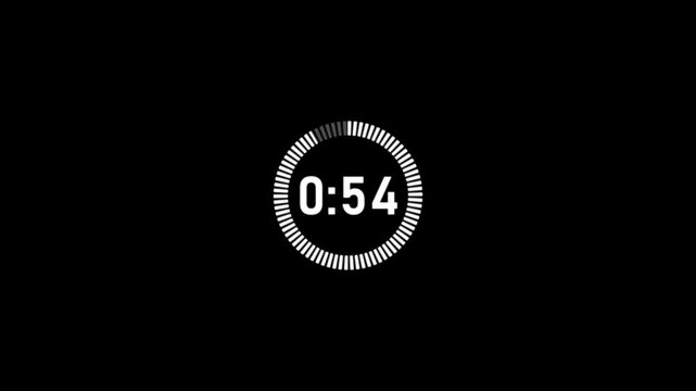 One minute countdown animation with transparent background, countdown timer from 60 seconds to 0 seconds with minute and seconds, One minute countdown timer with alpha channel in 4k.
