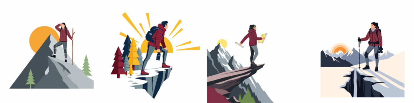 Collection of flat vector illustrations featuring hikers and mountaineers exploring mountain landscapes, standing on peaks, and enjoying scenic views.
